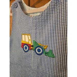 SAMARA Boys Blue Gingham Seersucker Construction Jon Jon Romper 4T Embroidered